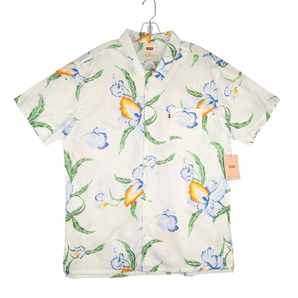 Levi's Button Up Shirt Mens XXL White Floral Tropical Hawaiian Short Sleeve - Picture 1 of 10